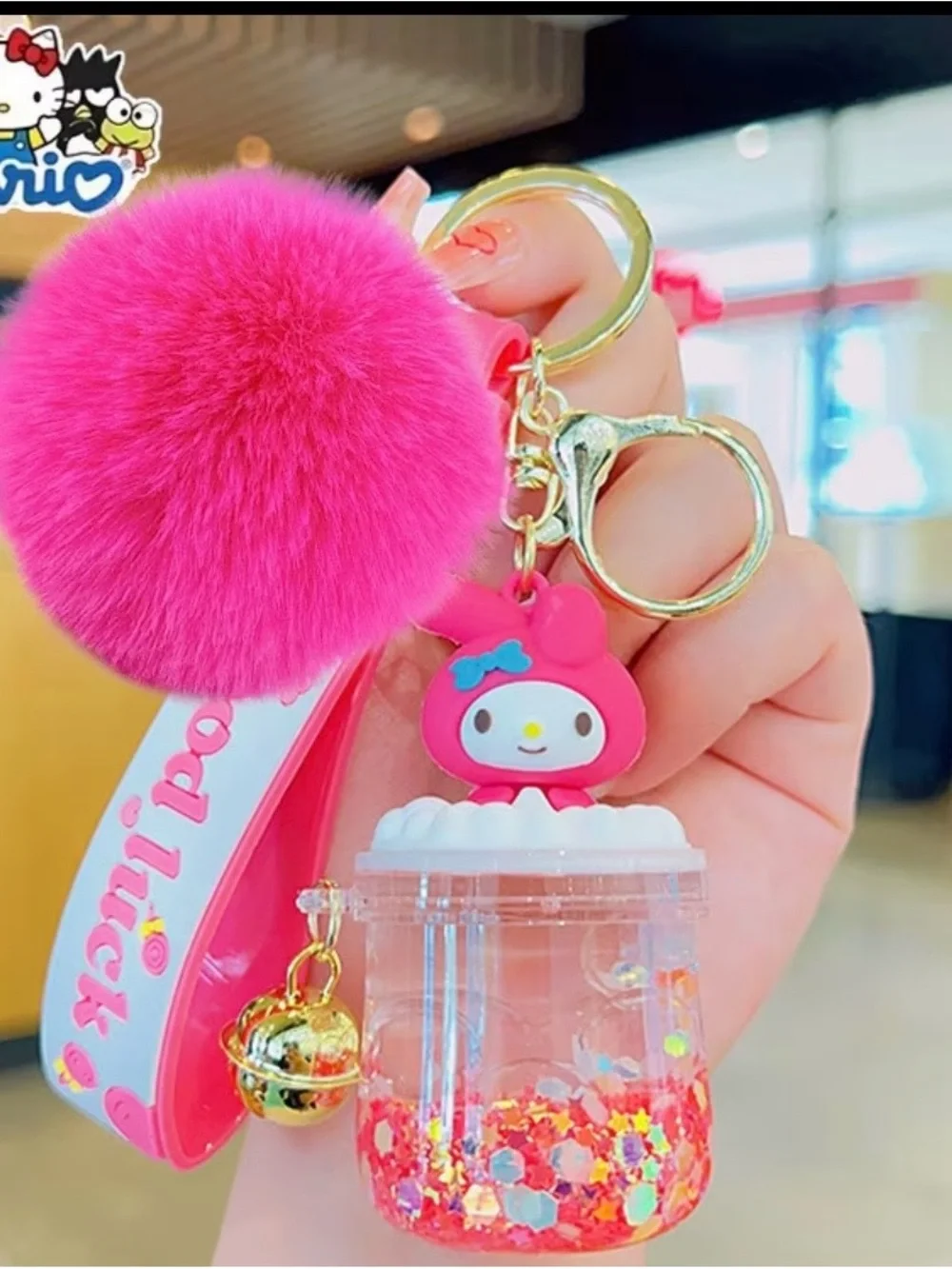 Sanrio My Melody Hot Pink Pom Pom Keychain with Glitter Drink Charm
